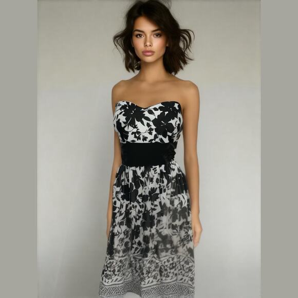 WHBM Black White Floral Chiffon Strapless Cocktail Party Dress Plus Size 14 - Picture 1 of 8